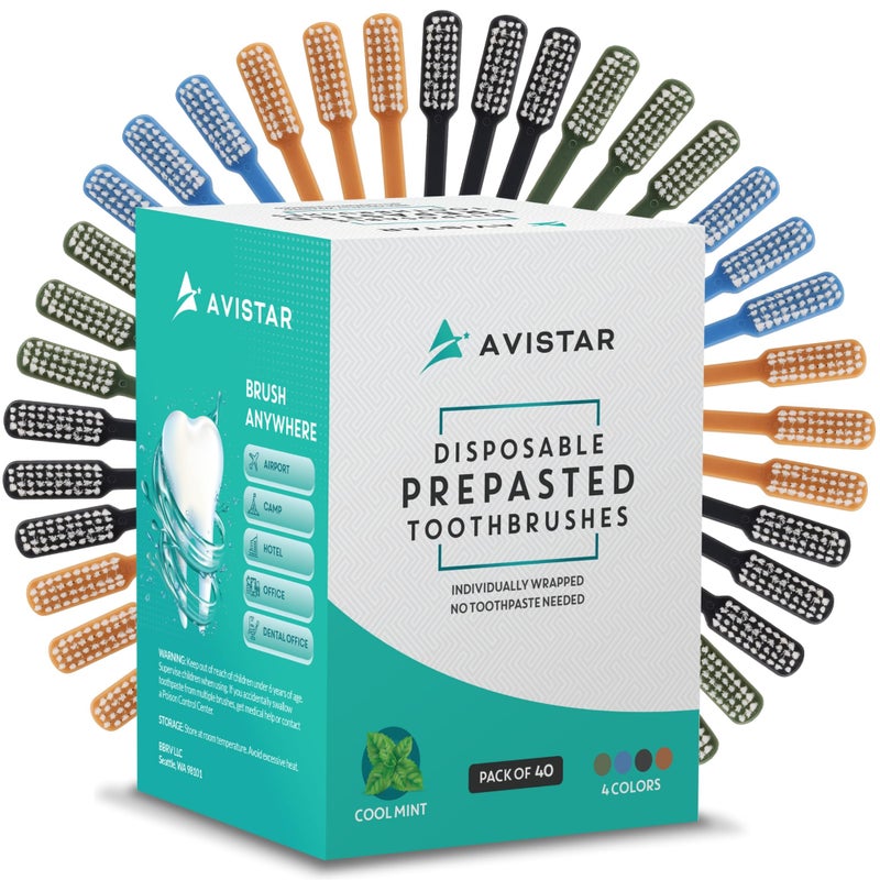 Avistar 40 Prepasted Disposable Toothbrushes Individually Wrapped Single Use Pre Pasted Disposable Toothbrushes with Toothpaste Built in Waterless Toothbrush for Travel Guests Hotel Camping
